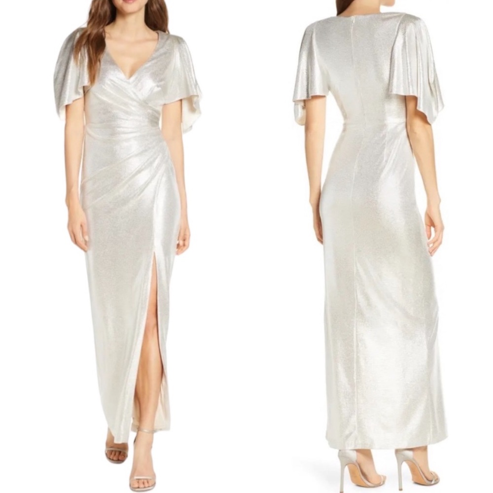 Eliza J Ruched Metallic Flutter Sleeve High Slit Evening Gown Champagne Sz 8